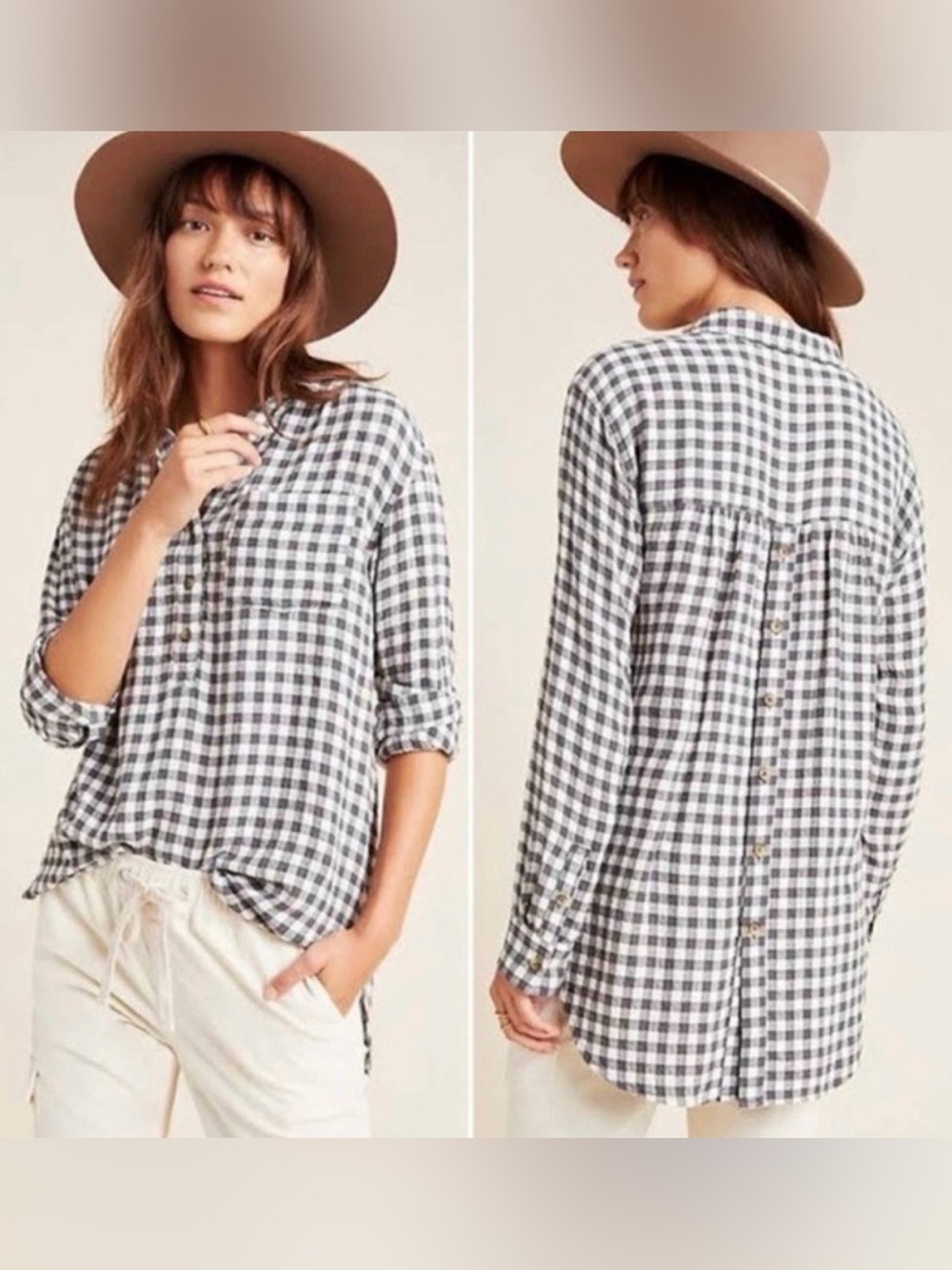 Anthropologie Isadora Button-Back Gingham Flannel Popover Shirt Black White Size